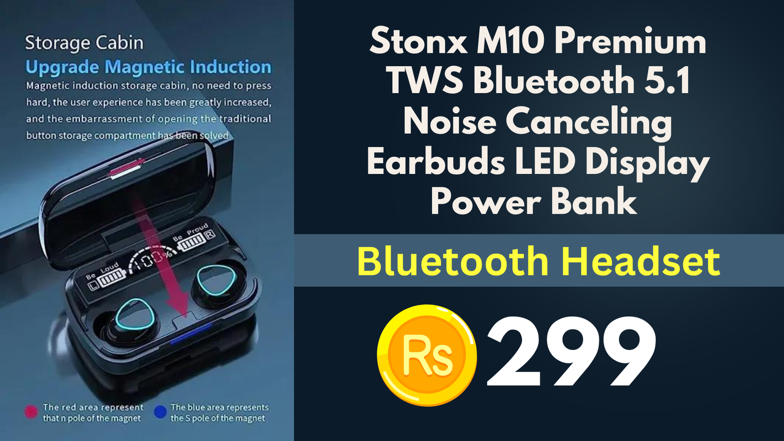 Stonx M10 Premium TWS Bluetooth 5.1 Noise Canceling Earbuds LED Display Power Bank Bluetooth Headset