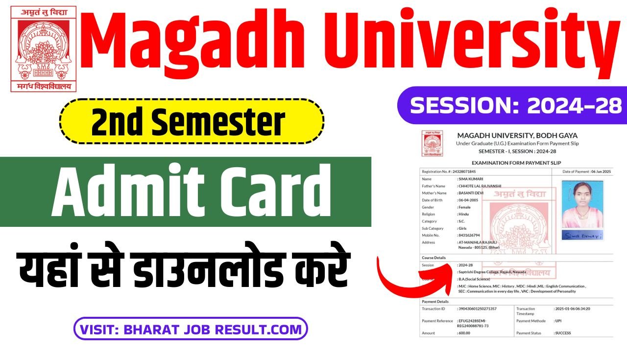 Magadh University UG 2nd Semester Admit Card 2024-28 : How To Download Magadh University Part 2 Admit Card 2025 (2024-28)