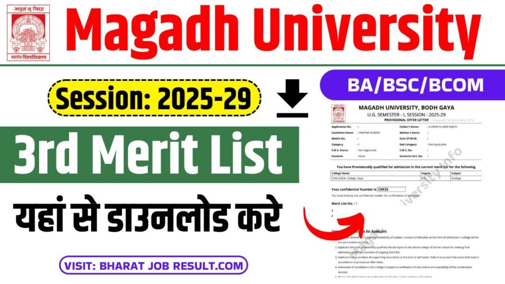 Magadh University 3rd Merit List 2025-29 (जारी) Download